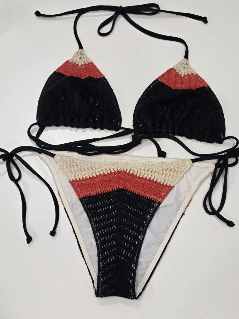 Victoria’s Secret ✦ Crochet Bikini Set ✦ Black Orange Beige Triangle Swimwear S